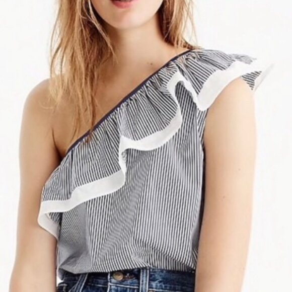 NEW! J. Crew Striped One Shoulder Ruffle Top - 6 - Picture 1 of 4